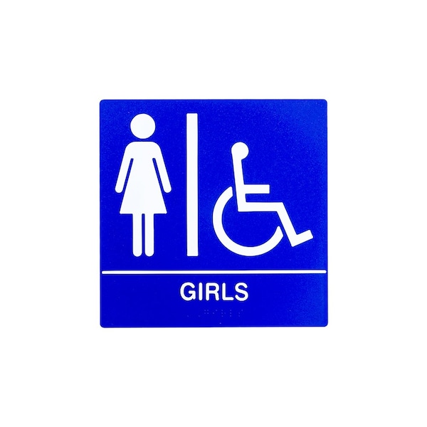 Bcf 8 x 8, Girls Door Sign, Square Print, Picture, Text With Braille and Handicapped Symbol, Blue SB443-GIRLS-BLUE - main